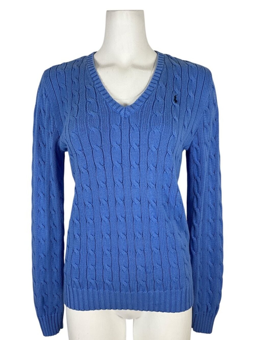 Polo Ralph Lauren Cable Knit Cotton V-Neck Sweater L Blue